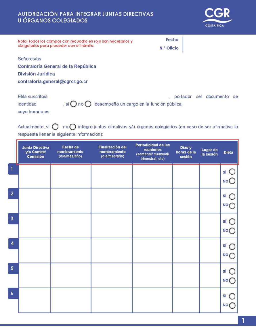 Documento de solicitud: Autorización para integrar más de tres juntas directivas u órganos colegiados