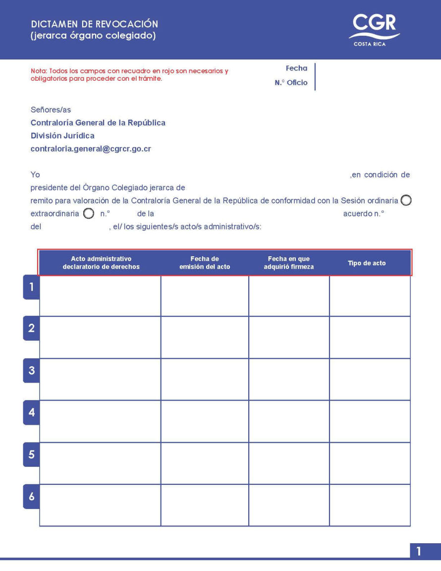 Documento de solicitud: Dictamen de revocación (jerarca órgano colegiado)