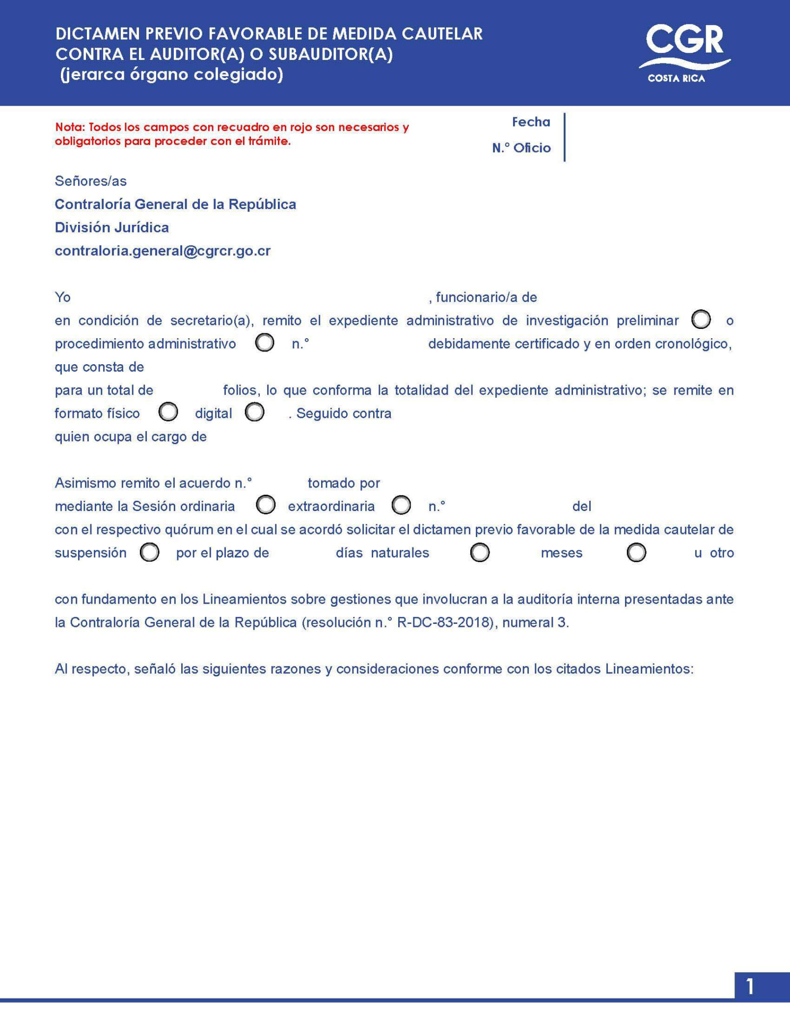 Documento de solicitud: Dictamen previo favorable de medida cautelar contra el auditor(a) o subauditor(a) (jerarca órgano colegiado)
