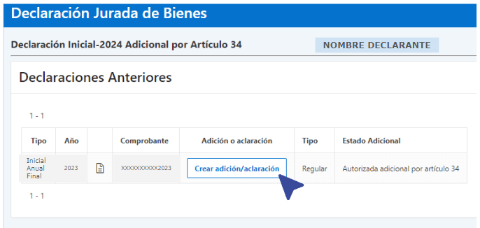 Opción para crear adición/aclaración en el Sistema de Declaraciones Juradas de Bienes