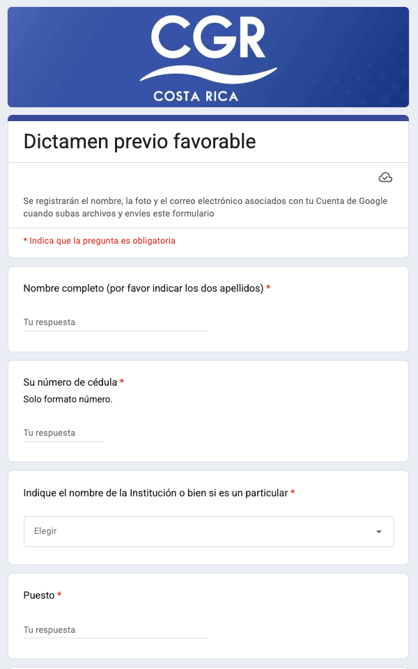 Formulario para presentar la gestión juridica ante la CGR denominada: Dictamen previo favorable