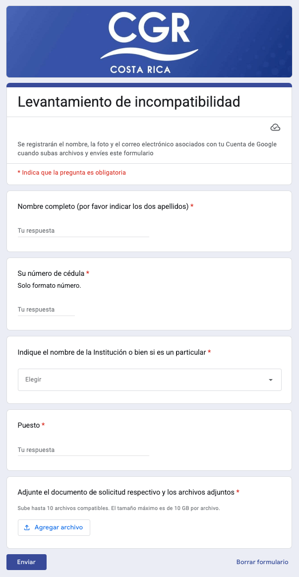 Formulario para presentar la gestión juridica ante la CGR denominada: Levantamiento de incompatibilidad