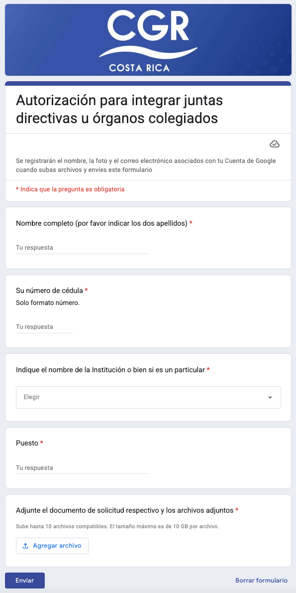 Formulario para presentar la gestión juridica ante la CGR denominada: Autorización para integrar juntas directivas u órganos colegiados